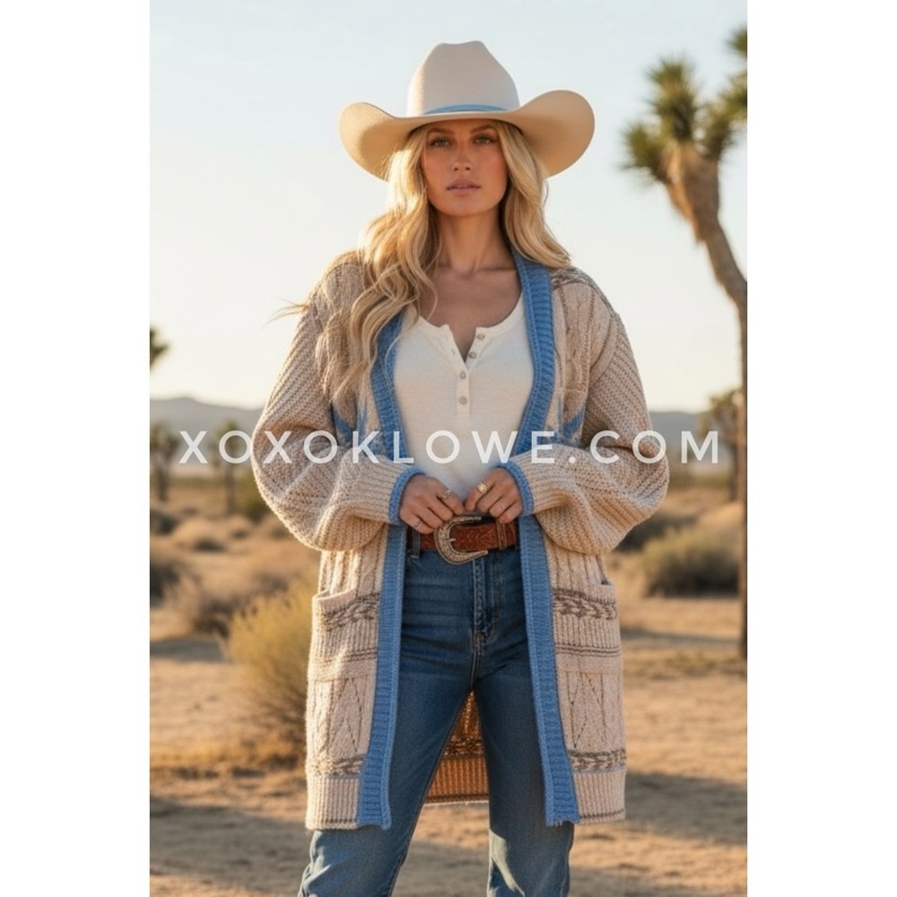 POL Tan Southwestern Aztec Knit Cardigan | Open Front Relaxed Fit